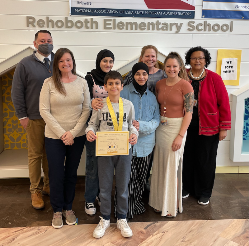Mohammad Azem, center front, was named Rehoboth Elementary School Spelling Bee Champion. Mohammad is joined by in back (l-r) Assistant Principal Kevin Monaghan, Naveen Azem, Jacqueline Kisiel and Principal Doris Person. In front are Tina Windsor, Mohammad Azem, Abeer Othman and Allie Mueller. SUBMITTED PHOTO